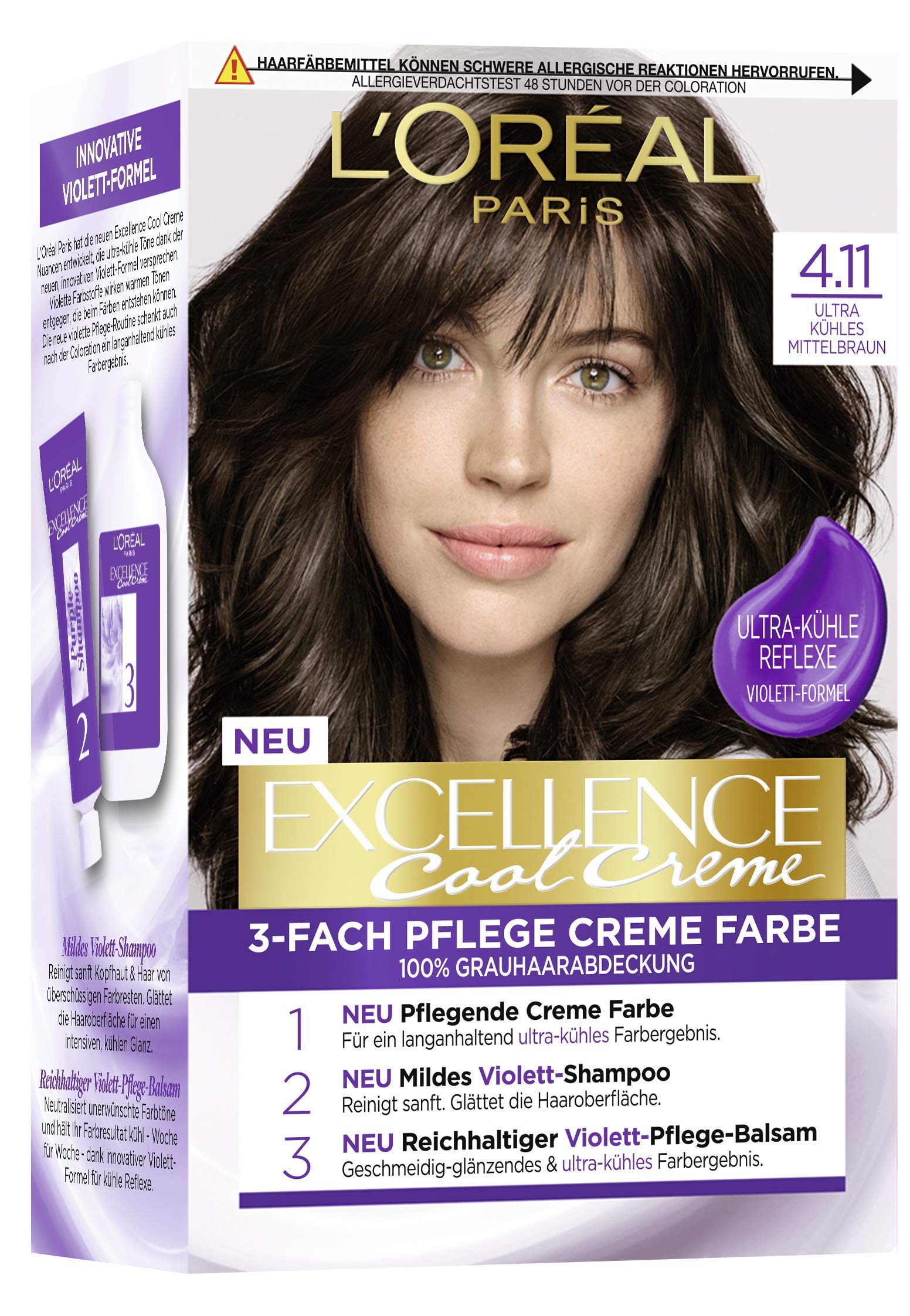 L'Oréal Paris Permanent Hair Colour with Ultra Cool Colour, 100% Grey Coverage Set with Colouration, Shampoo and Conditioner, Excellence Cool Creme #4.11 Ultra Ash Dark Blonde (Brown)