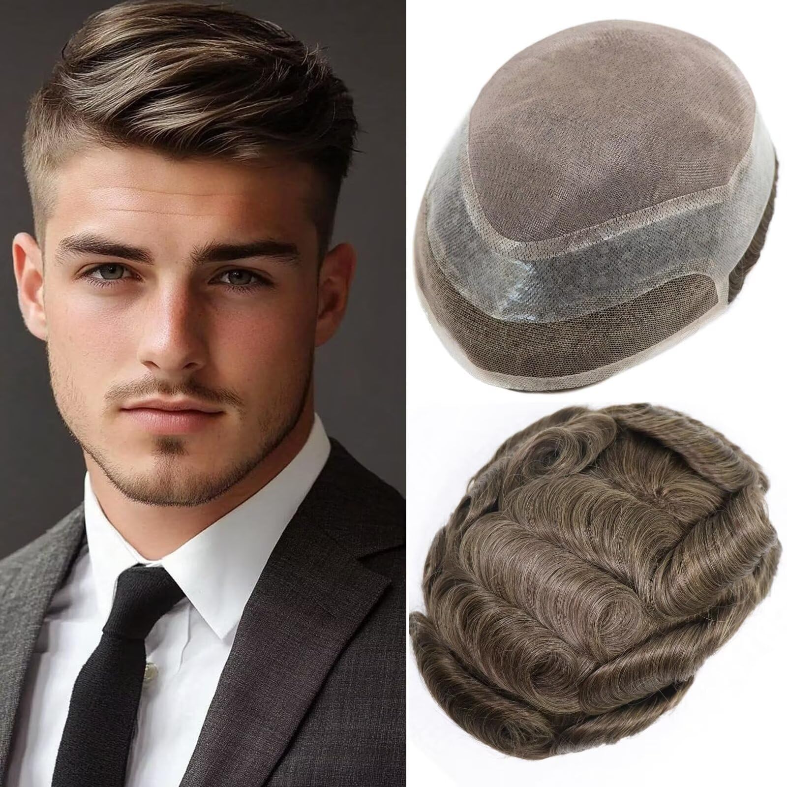 Photo 1 of Mens Toupee Hair Piece for Men Mono HD Swiss Lace with PU around Human Hair Replacement System Natural Hairline 7x9 inch Medium Light Density Man Toupee #5 Medium Brown