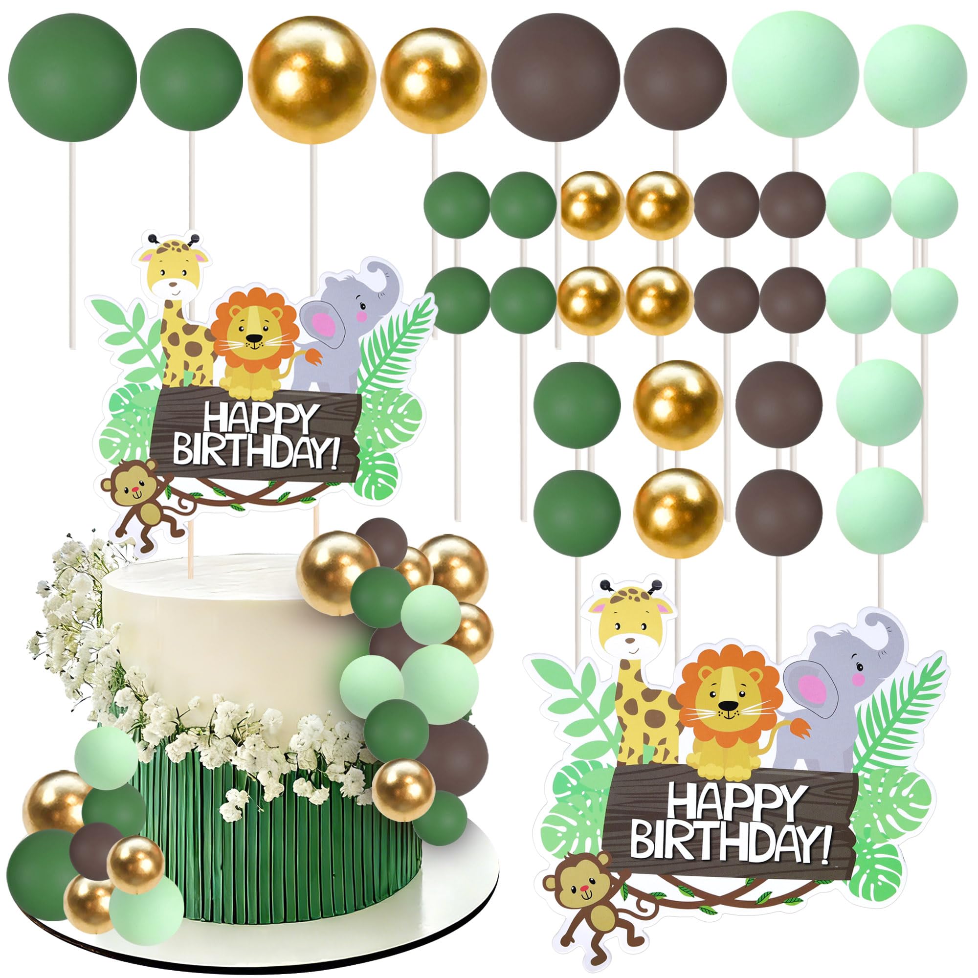 SYKYCTCY 33 Pack Balls Cake Toppers Wild Animal Lion Happy Birthday Cake Decorations Tropical Grass Leaves Cupcake Toppers for Jungle Wild Animal Theme Birthday Party Supplies
