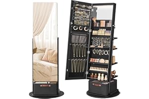 SONGMICS 360° Swivel Mirrored Jewelry Cabinet with Lights, Full-Length Mirror with Jewelry Storage, Standing Jewelry Armoire Organizer, with Large Storage Basket, Christmas Gifts,Ink Black