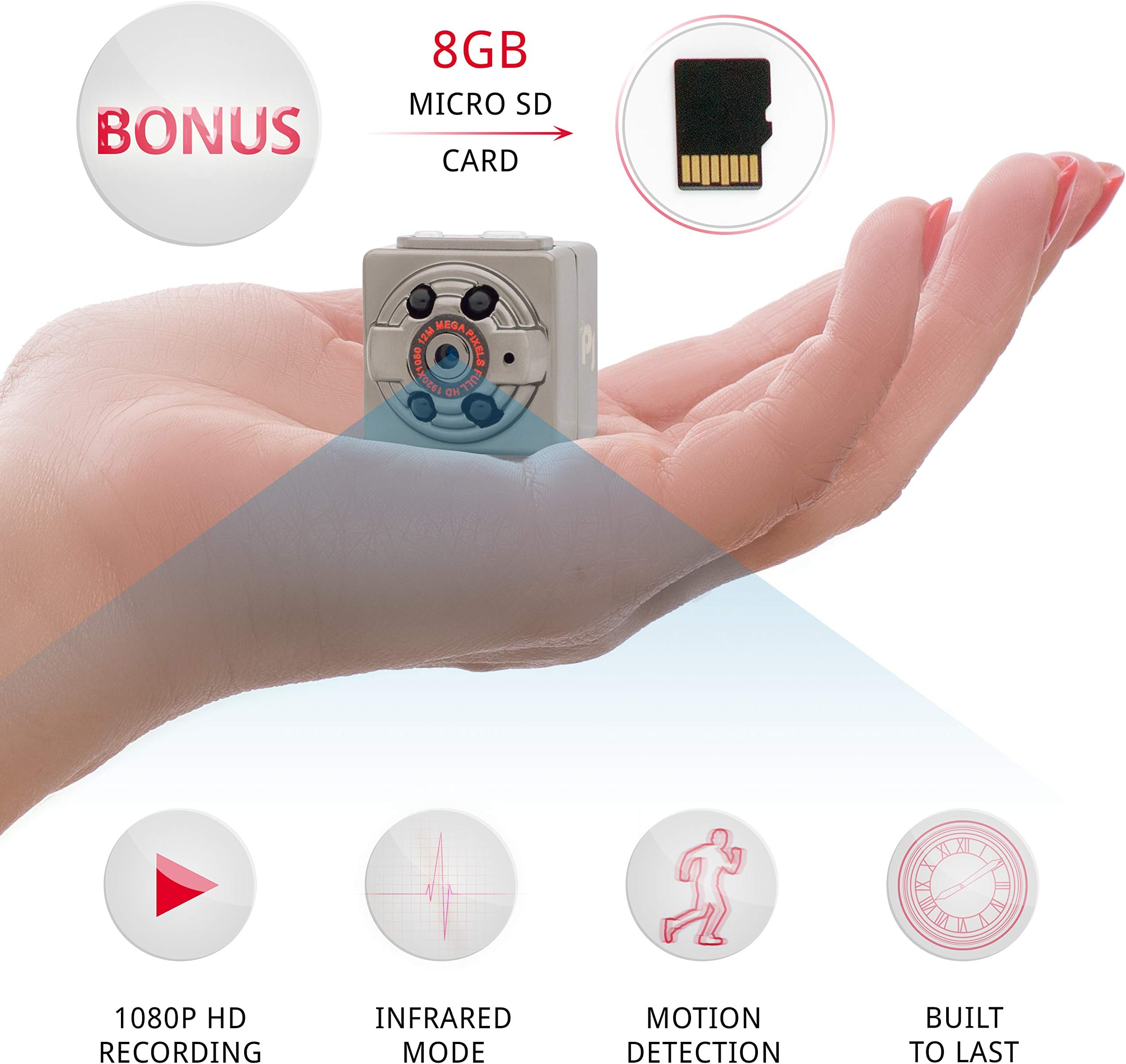 PJTech Mini Spy Camera 1080P HD Tiny Portable Hidden Camera with Night Vision and Motion Detection for Wireless Home Security or Nanny Cam, Not Wifi (Bonus 8GB Micro SD Card)