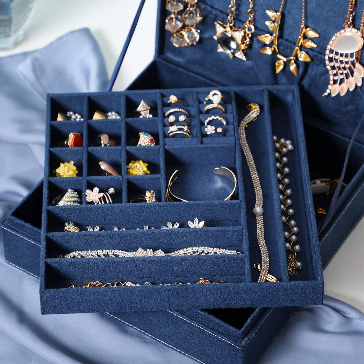 SONGMICS Large Jewelry Box with a Removable Tray and Compartments for Earrings, Necklaces, Bracelets, Dark Blue: Furniture & Decor