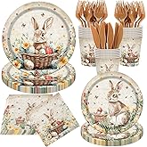 Easter Party Supplies,120Pcs Vintage Easter Paper Plates,Napkins,Knives,Forks Spring Easter Bunny Egg Flower Party Tableware for Easter Holiday Party,Happy Easter Decoration