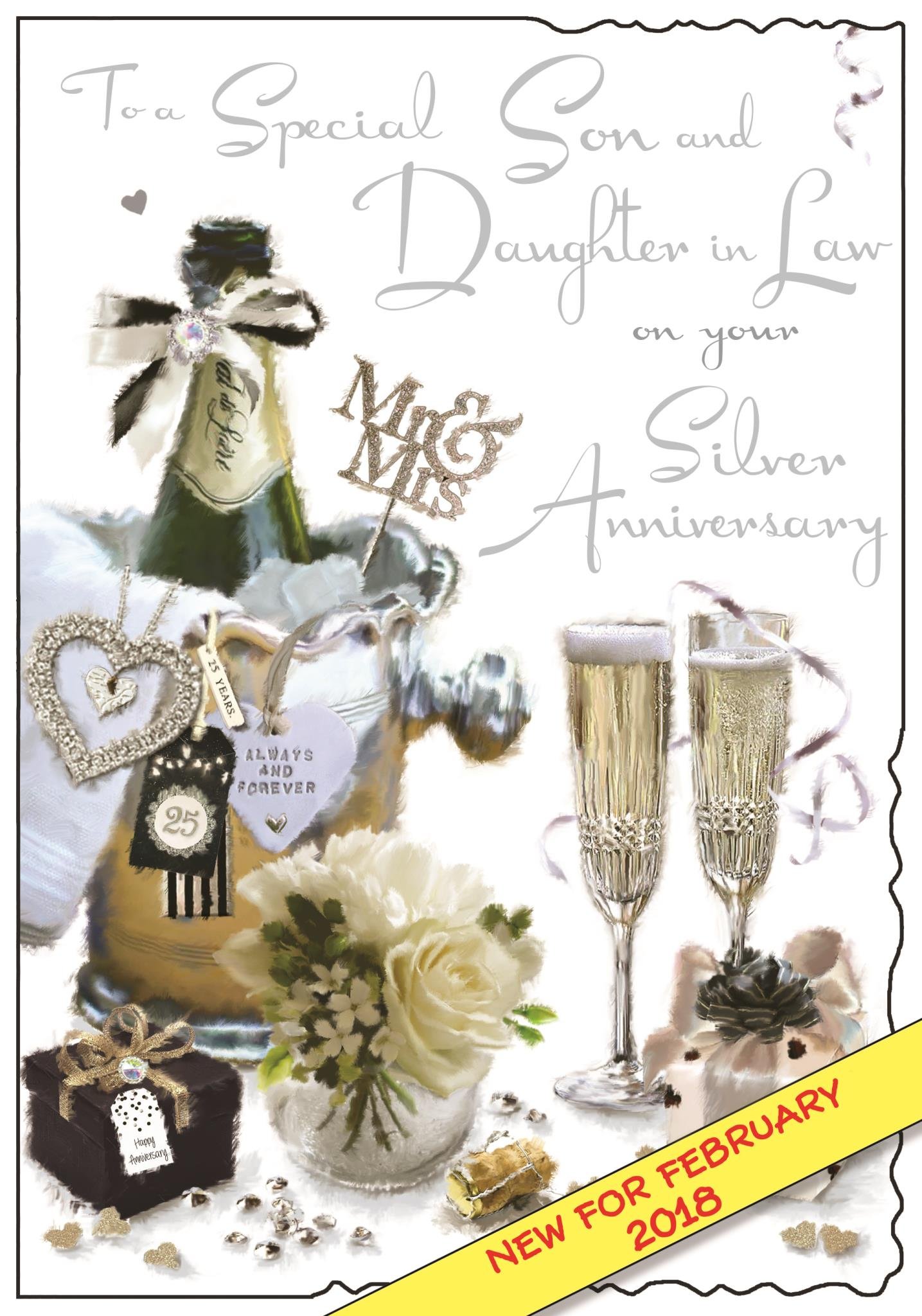 Illustrated Son & Daughter-In-Law Silver Anniversary Card - (JJ9233) - Son & Daughter-In-Law Silver Anniversary - From The Velvet Range - Embossed With A Silver Foil & Flitter Finish