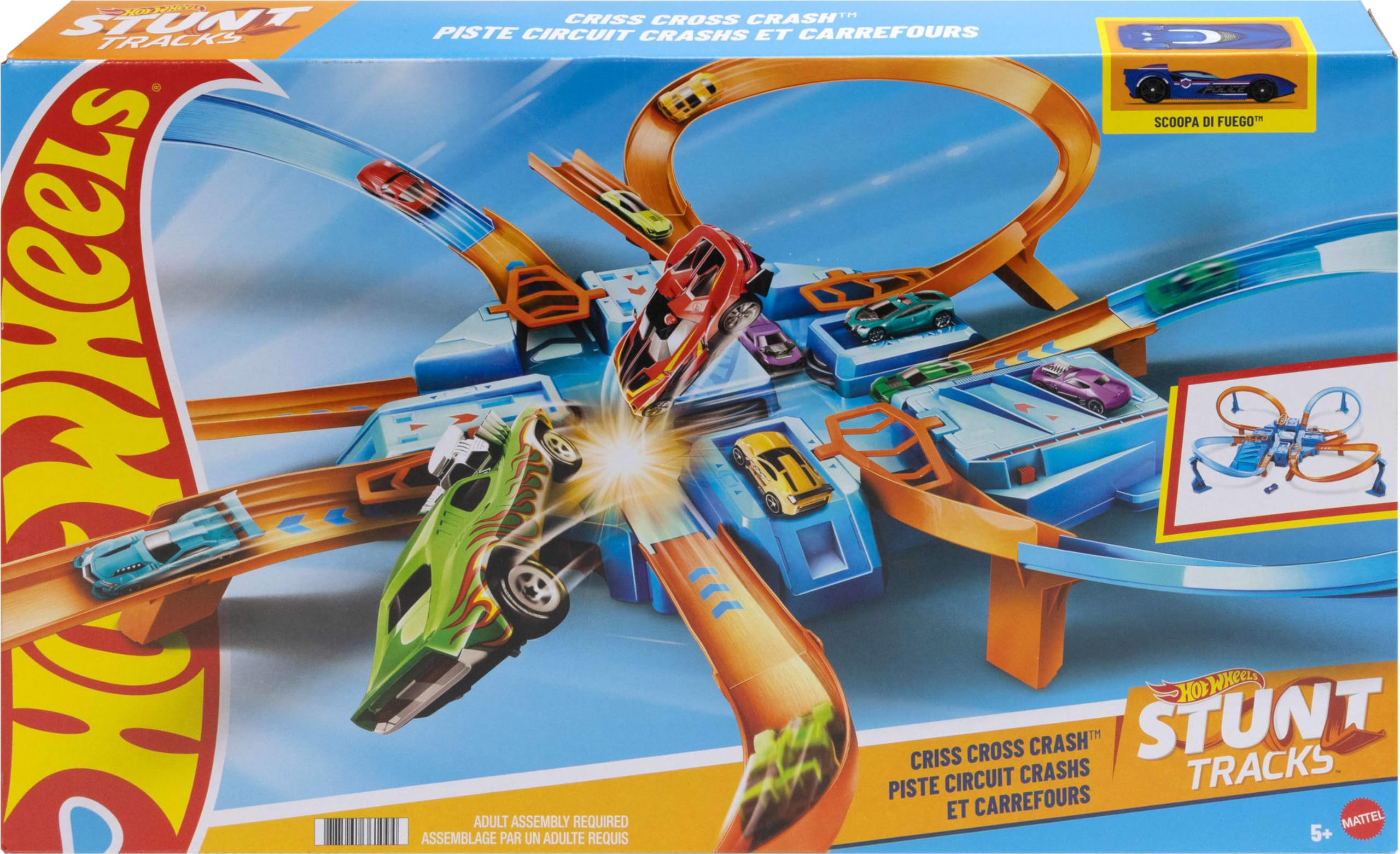 Hot Wheels Track Set with 1:64 Scale Toy Car, 4 Intersections for Crashing, Powered by a Motorized Booster, Criss-Cross Crash Track (Amazon Exclusive)