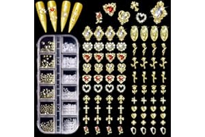 Allstarry Gold Nail Charms, Gold Charms for Nails 3D Charm and Gems Y2K with Flatback Rhinestones Pearls Chunky Bulk Jewels Gold Cross Star Rose Heart Virgin Mary Nail Accessories