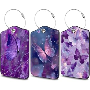 3 Pcs Purple Glowing Butterflies Luggage Tag for Suitcase,Cute Leather Travel Cruise Luggage Tag with Privacy Flap,Name ID La