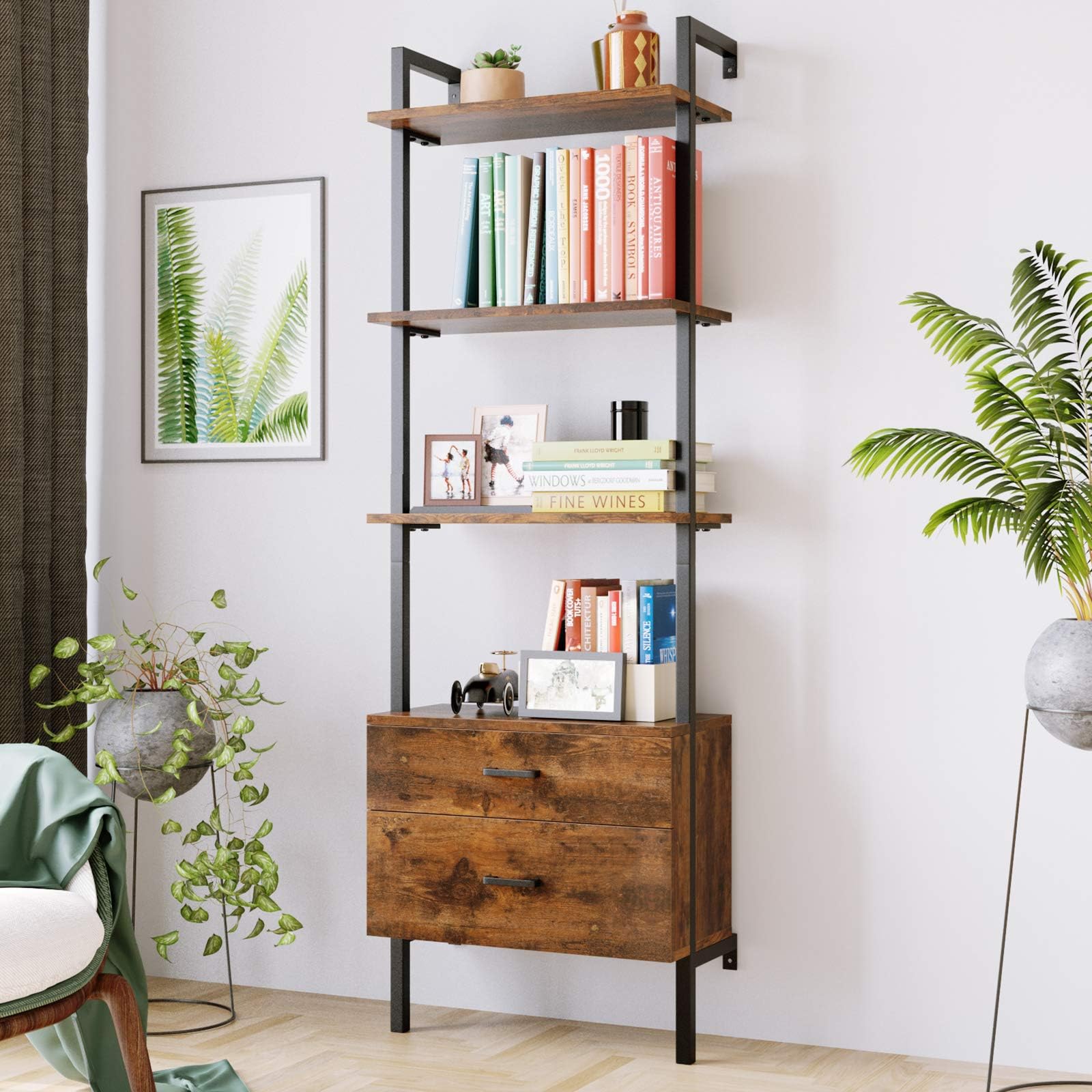 Homfa Industrial Bookcase with 2 Drawers, 3-Tier Ladder Shelf Against The Wall, 72.8 Inches Display Storage Organizer Bookshelf Wood Look Accent Metal Frame Furniture Home Office