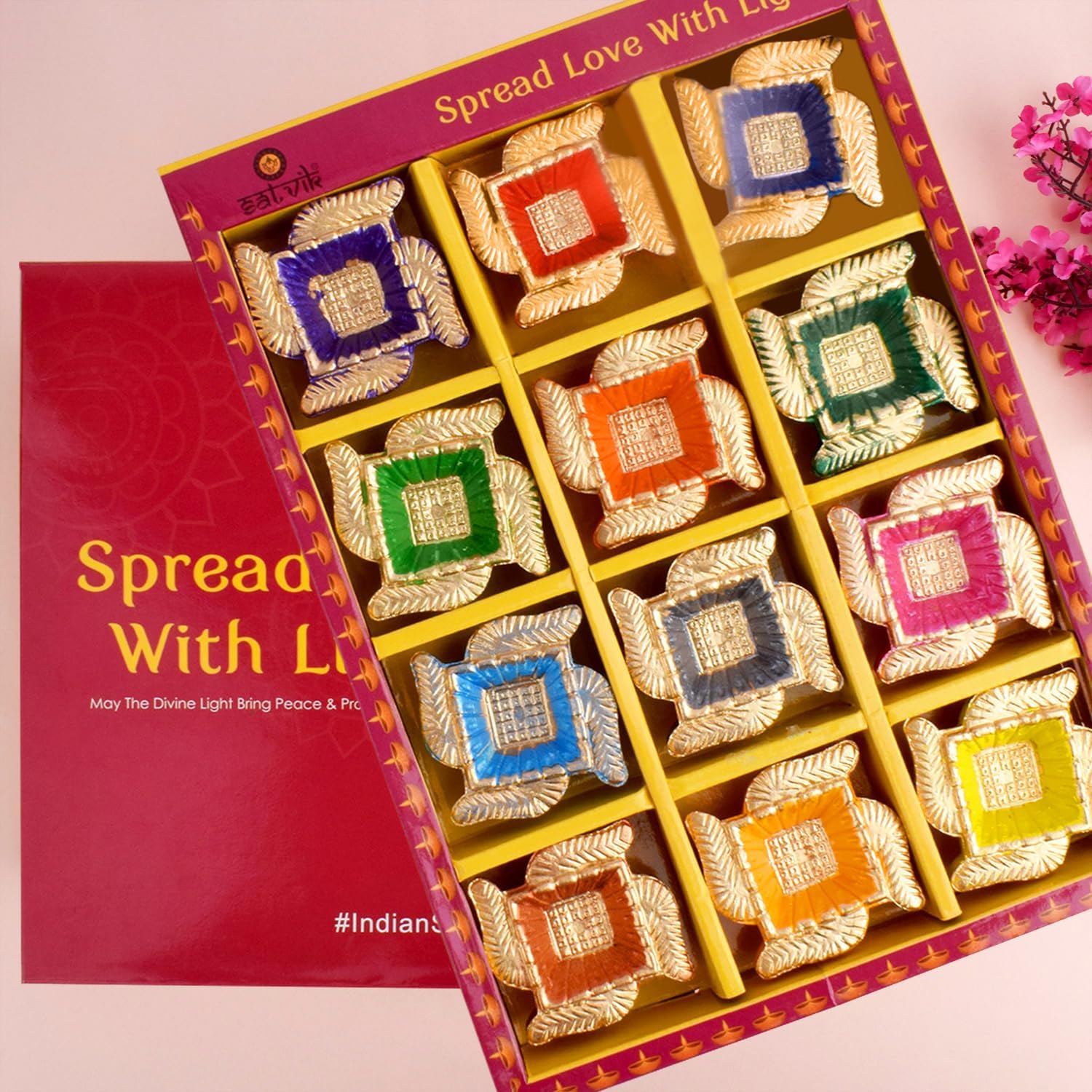 Oil Lamps & Accessories - SATVIK 12 Pc Multicolor Clay Diya Terracotta Dia Traditional Puja Vilakku Oil Lamp Natural Mitti Diya Tea Light Welcome Diwali Deepawali Navratri Pooja Décorations Indian Housewarming Return Gift Item