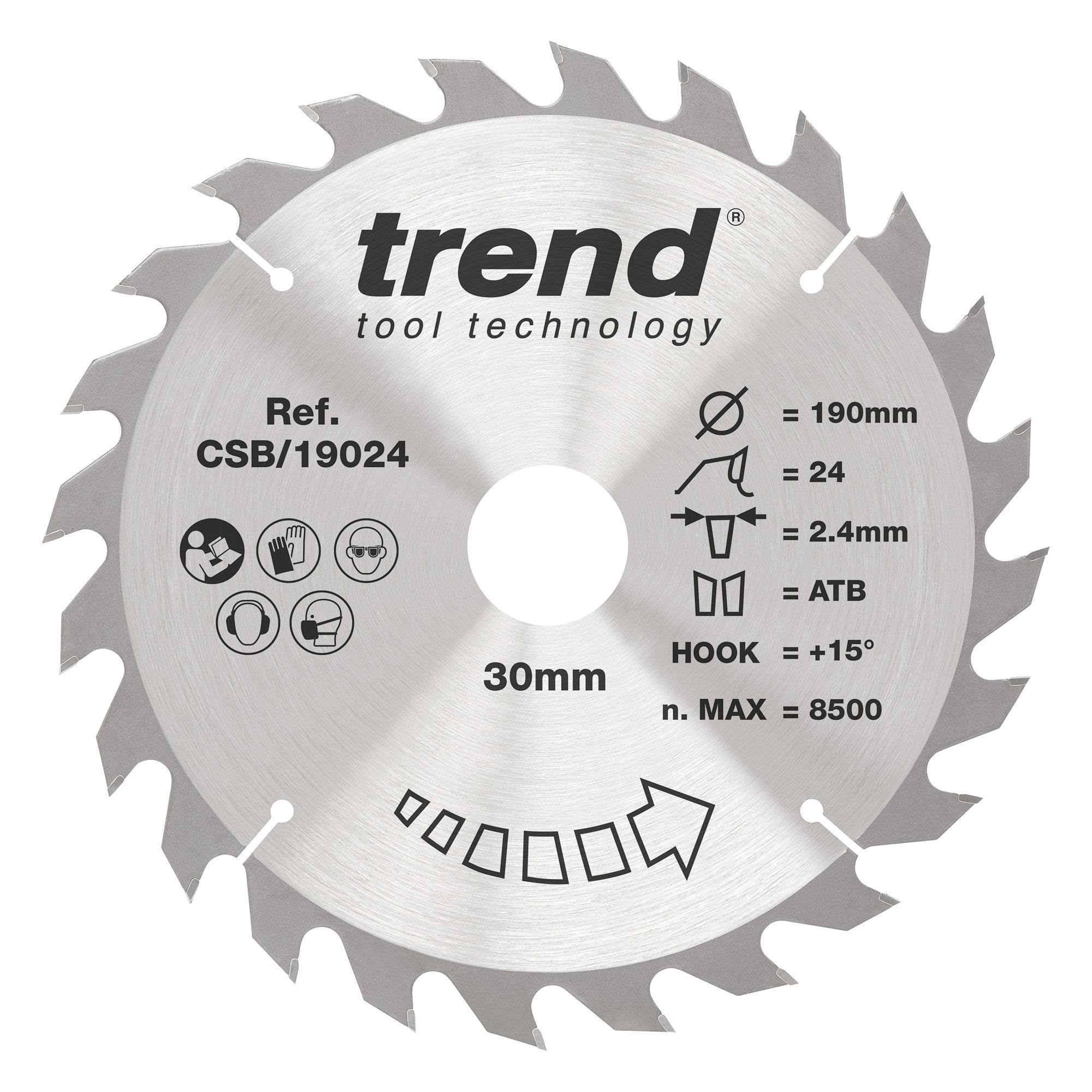 Trend Wood Circular Saw Blade, 190mm Diameter, 30mm Bore, 24 Teeth, 2.4mm Kerf, +15° Hook, TCT, Medium Finish, CSB/19024