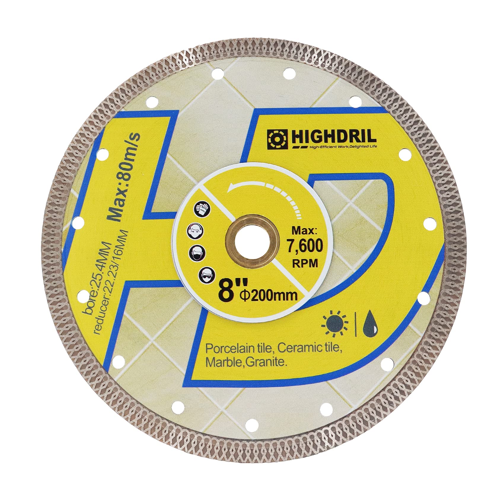 HIGHDRIL Diamond Saw Blade - 200M/8 Inch Diamond Tile Blade Disc Cutting Porcelain Tile Ceramic Granite Marble Dry or Wet Use Circular Saw Blade with Turbo X Mesh