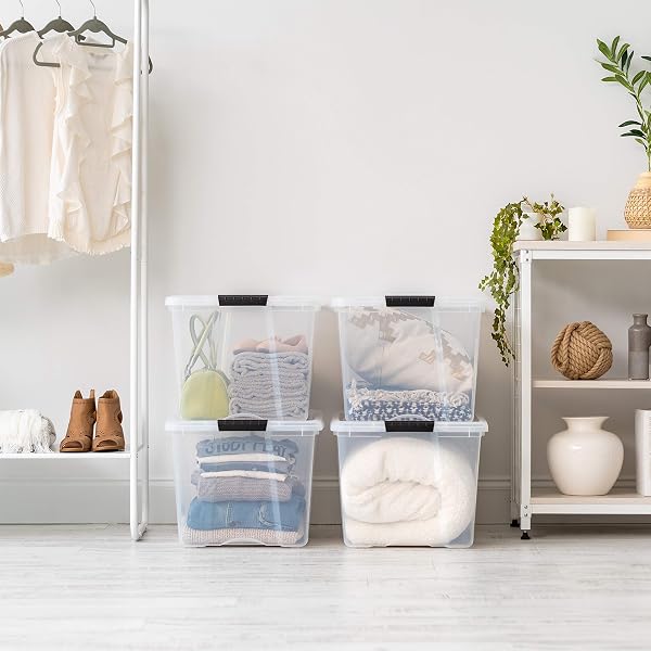 IRIS USA 72 QT STACKABLE PLASTIC STORAGE BINS WITH LIDS, 6 PACK – BPA-FREE, MADE IN USA – SEE-THROUGH ORGANIZING SOLUTION, LATCHES, DURABLE NESTABLE CONTAINERS, SECURE PULL HANDLE – CLEAR