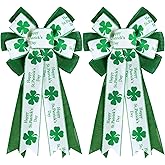 2 Pcs St Patricks Day Bows for Wreath Outdoor Decorations,St Patricks Day Tree Topper Bows,Large White Green Burlap Shamrock Bowknot Irish Holiday Crafts Bows for Front Door Decor