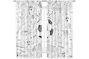Cinbloo Soccer Sport Boys Curtains 42Wx63H Inch Rod Pocket Football Black White Graffiti Funny Sketch Unique Cool Art Printed for Kids Teens Living Room Bedroom Window Drapes Treatment Fabric 2 Panels