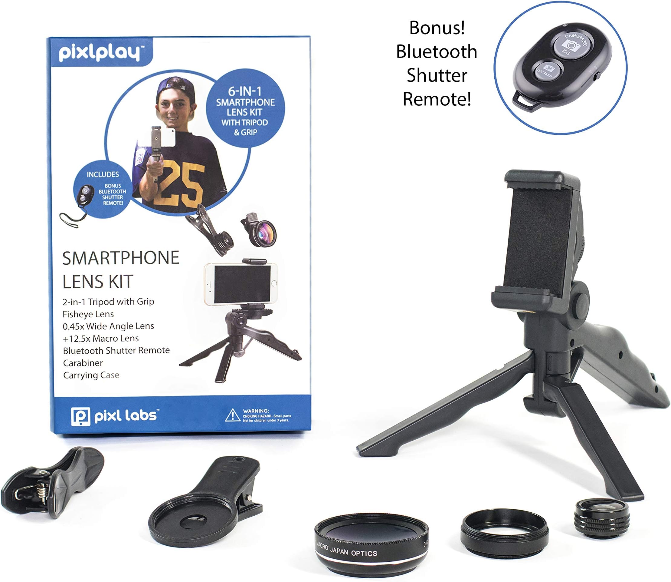 Pixlplay - 6 in 1 Smartphone Camera Lens Kit for iPhone & Android Cell Phone with Tripod/Grip, Bluetooth Shutter Remote, 3 x Lenses (Fisheye + Wide Angle + Macro) & Accessory Case