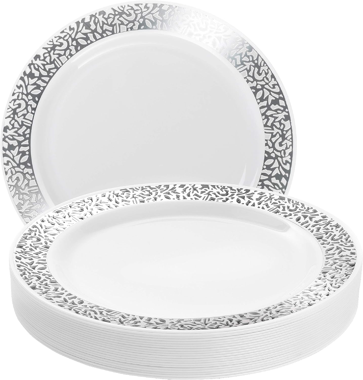 MATANA 20 Premium White Plastic Dinner Plates with Silver Lace Rim, 26cm / 10 Inch