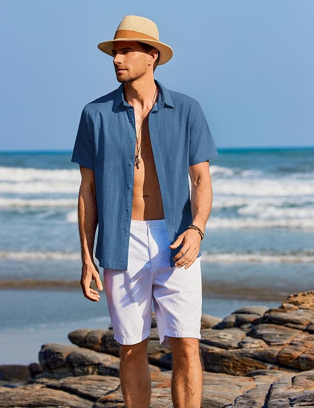 Camisa Hombre Manga Corta Verano 100% Algodón Camisas Hombre Casual Regular Fit Azul Marino XL