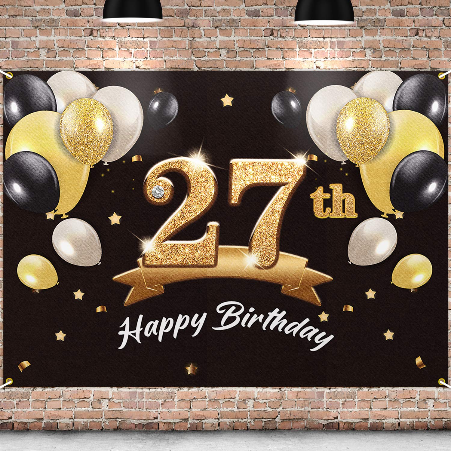 PAKBOOM Happy 27th Birthday Backdrop Black Gold Photo Background Banner 27 Birthday Decorations Party Supplies for Men