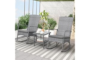 OASISHINE Outdoor Rocking Chair 3 Pieces High-Backed Rocking Chair Patio Rocking Chairs Outdoor Table and Chairs Anti-Slip Cushions Dark Grey