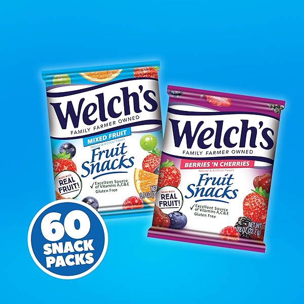 WELCH’S FRUIT SNACKS, MIXED FRUIT SNACK BOX, GLUTEN FREE, 0.8OZ SNACK PACKS (PACK OF 60)