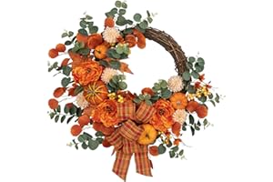 ARBORUS 24" Artificial Fall Half Wreath for Front Door Autumn Wreath with Pumpkin Peony Eucalyptus Chrysanthemum and Ribbon for Halloween Thanksgiving Day Indoor Outdoor Farmhouse Window Wall Décor