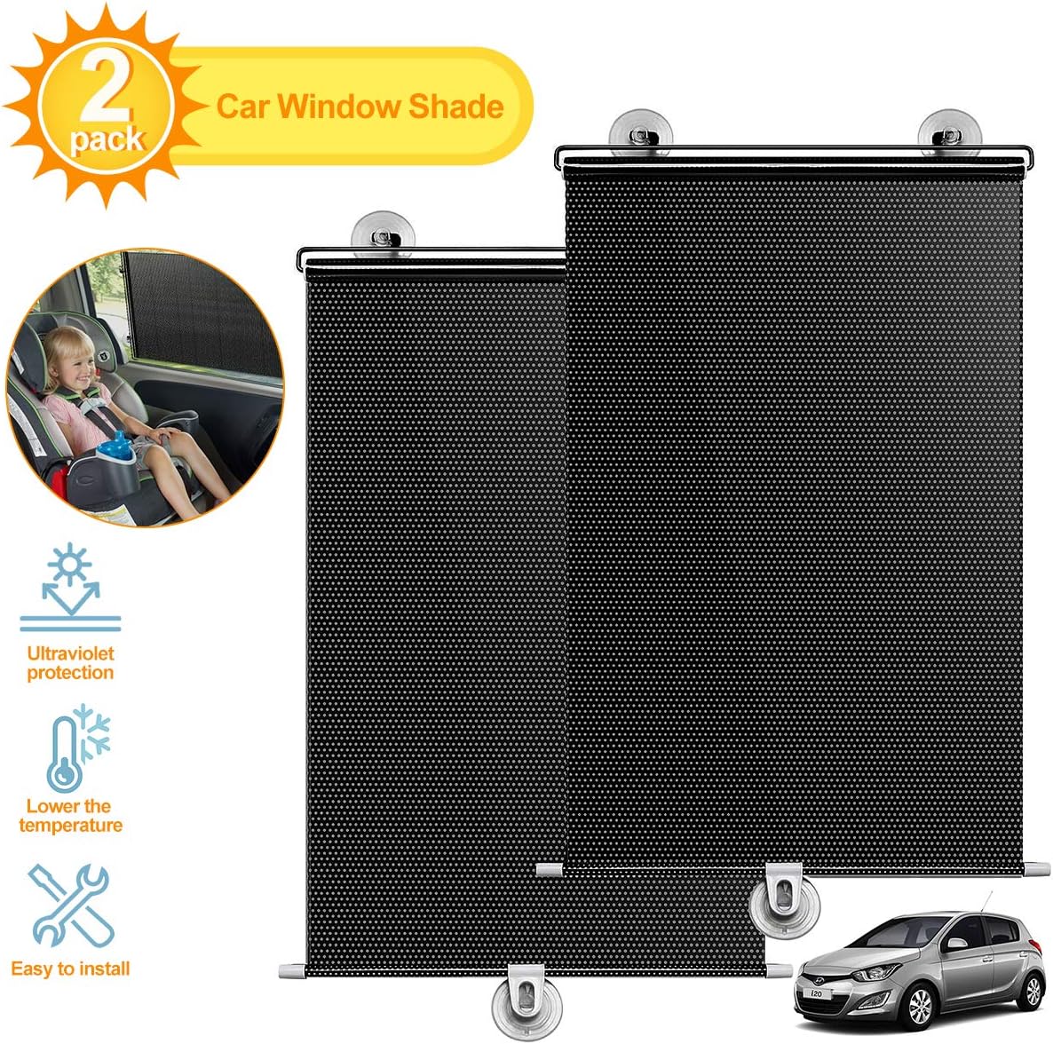funmei Car Sun Shade+Car Window Roller Retractable Shade+Car Sunshade,Fits All Cars,Easy & Effective Way to Block Sun Glare, Harmful Heat from Your Baby Child Blocks Over 99% of Harmful UV(2 Pack)