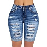 roswear Women's Distressed Knee Length Ripped Stretchy Jean Shorts