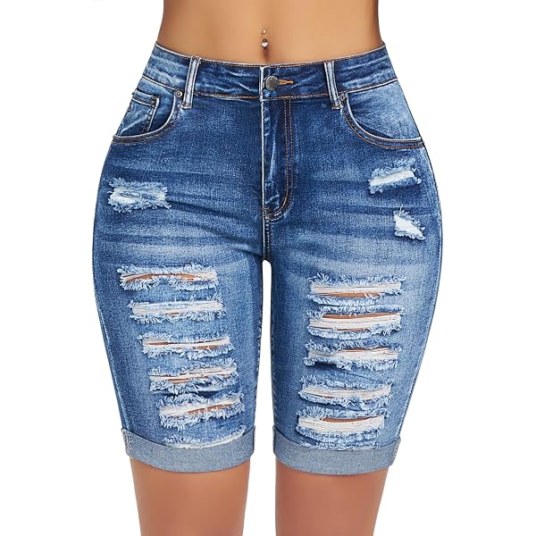 THUNDER STAR Women's Denim Bermuda Shorts - Mid Rise Knee Length Raw Hem Jean Shorts - View #9