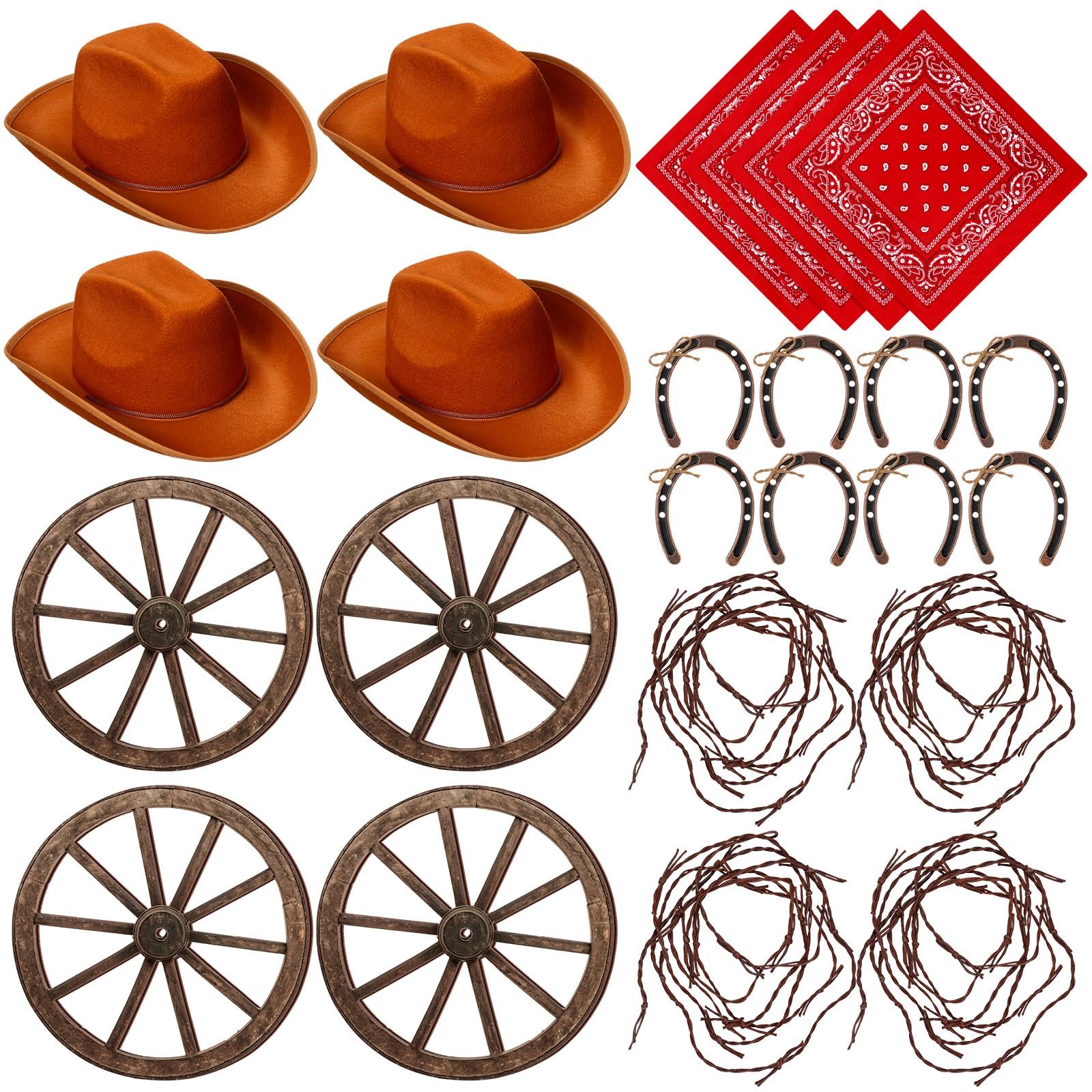 Photo 1 of Cozypower 24 Pcs Western Theme Party Decorations Include Cowboy Hats Paisley Bandanas Wagon Wheel Mini Horseshoe with Rusty Barbwire Cord Decoration for Cowboy Themed Party Centerpieces Brown, Red