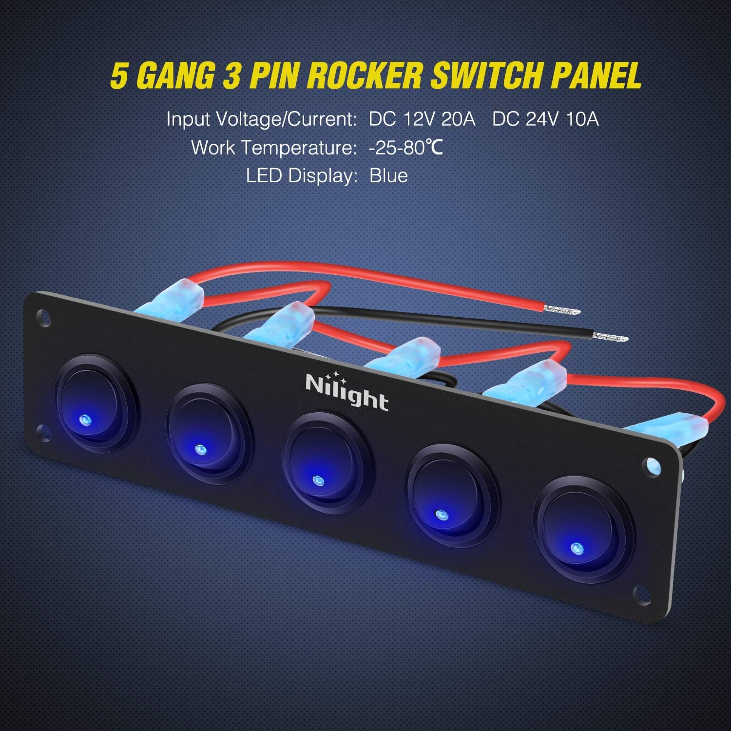 Nilight 5 Gang 3 Pin Rocker Switch Panel Waterproof On-Off Toggle Switches for Car Vehicle Trailer Truck SUV Marine Boat RV Ship 12V/24V 20A,2 Years Warranty: Automotive