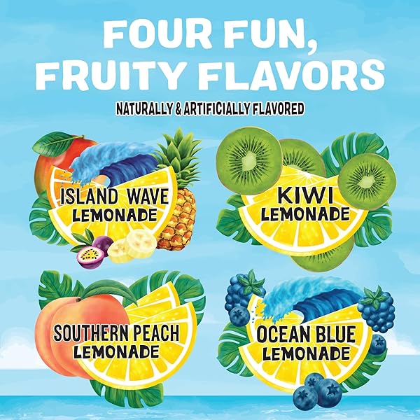 CALYPSO SINGLES TO GO! DRINK MIX VARIETY PACK – LEMONADE ON-THE-GO POWDERED DRINK MIX PACKETS – LOW CALORIE WATER ENHANCER – ISLAND WAVE, KIWI, SOUTHERN PEACH, OCEAN BLUE LEMONADE, 30 COUNT