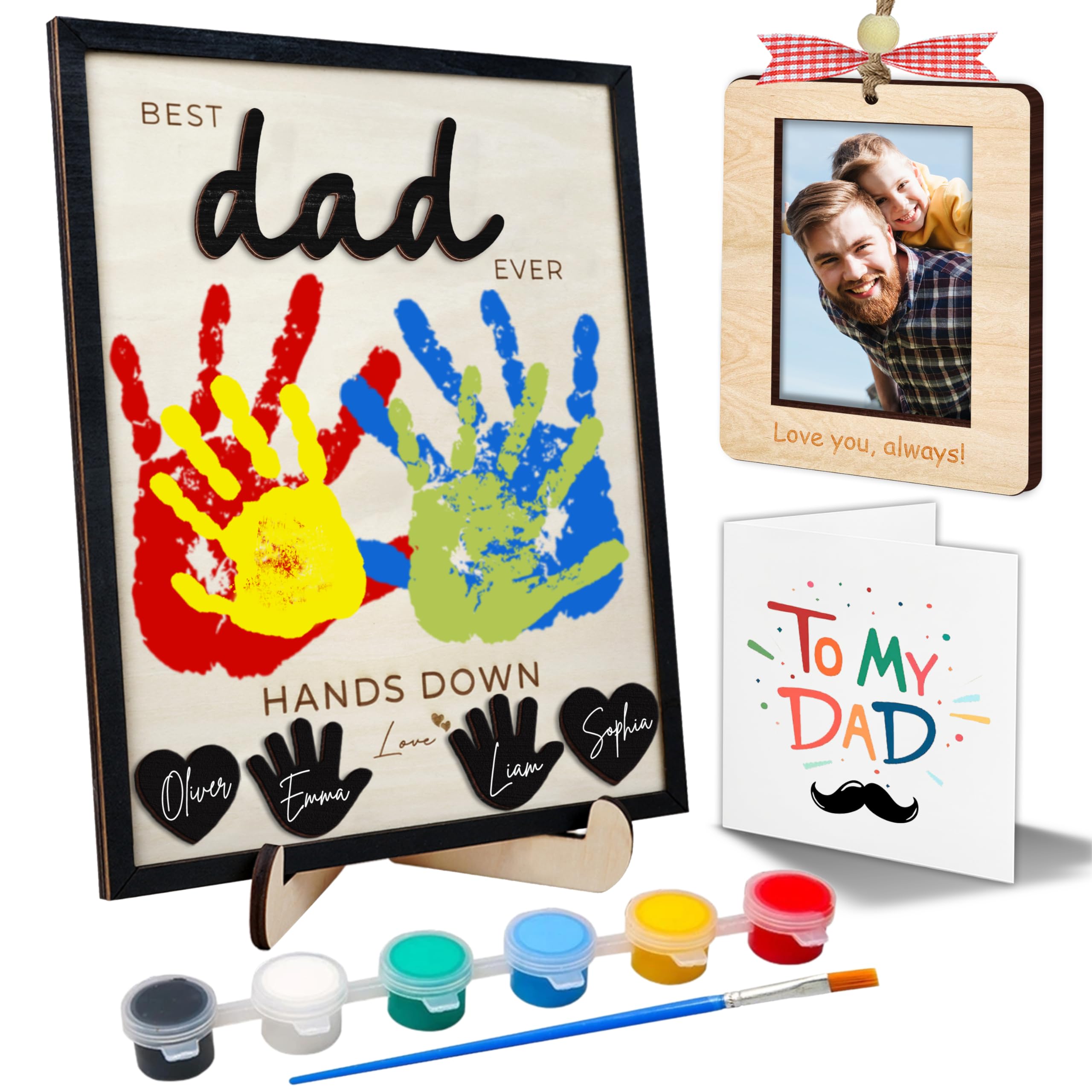 Photo 1 of 10" Best Dad Ever Hands Down DIY Handprint Kit with Acrylic Paint, Art Craft Family Keepsake Wood Frame Dad Keychain Birthday Father's Day Gift for Daddy, Papa Family Sign with Kids Names HF90-D