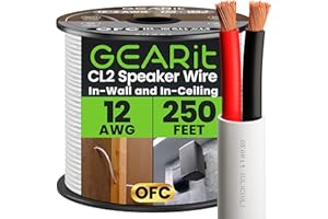 GearIT 12/2 Speaker Wire (250 Feet) 12AWG Gauge - in Wall Audio Speaker Wire Cable / CL2 Rated / 2 Conductors - OFC Oxygen-Free Copper, White 250ft