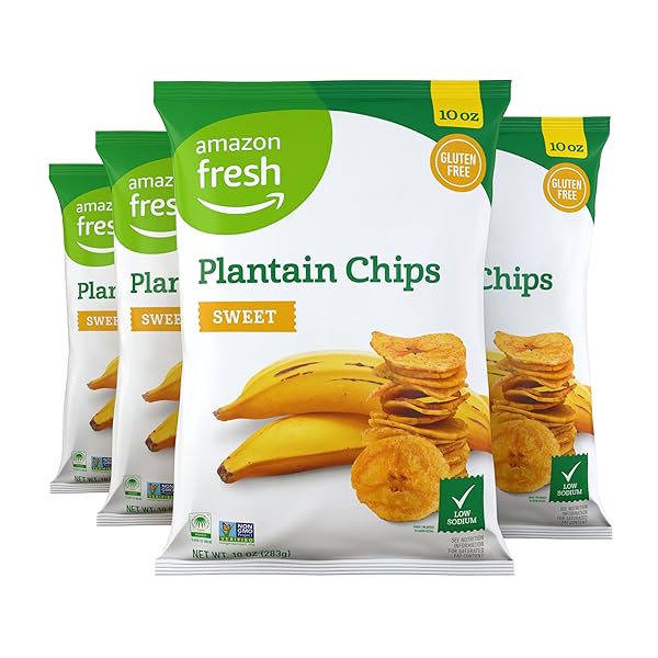 AMAZON FRESH, SWEET PLANTAIN CHIPS, 10 OZ (PACK OF 4) (PREVIOUSLY WICKEDLY PRIME, PACKAGING MAY VARY)