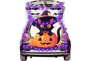 MOIMTECH Halloween Trunk or Treat Car Decorations Kit for SUV, Black Cat Sit on Pumpkin Trunk Decorations with Creepy Cloth Bats and String Lights for Garage Door Haunted House Outdoor Halloween Decorations