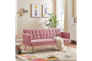 FANYE Tufted Velvet Upholstered Futon Sofa Loveseat Convertible Sleeper Couch Bed for Small Space Apartment Office Living Room, Modern Sleep Sofabed, 2 Seater Love Seat Daybed Metal Legs, Pink