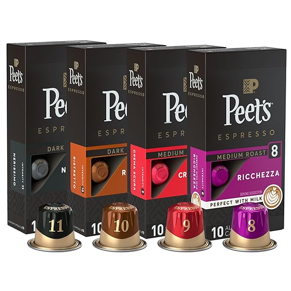 PEET’S COFFEE, DARK AND MEDIUM ROAST ESPRESSO CAPSULES VARIETY PACK, COMPATIBLE WITH NESPRESSO ORIGINAL MACHINE – INTENSITY 8-11, 40 COUNT (4 BOXES OF 10 ESPRESSO CAPSULES)