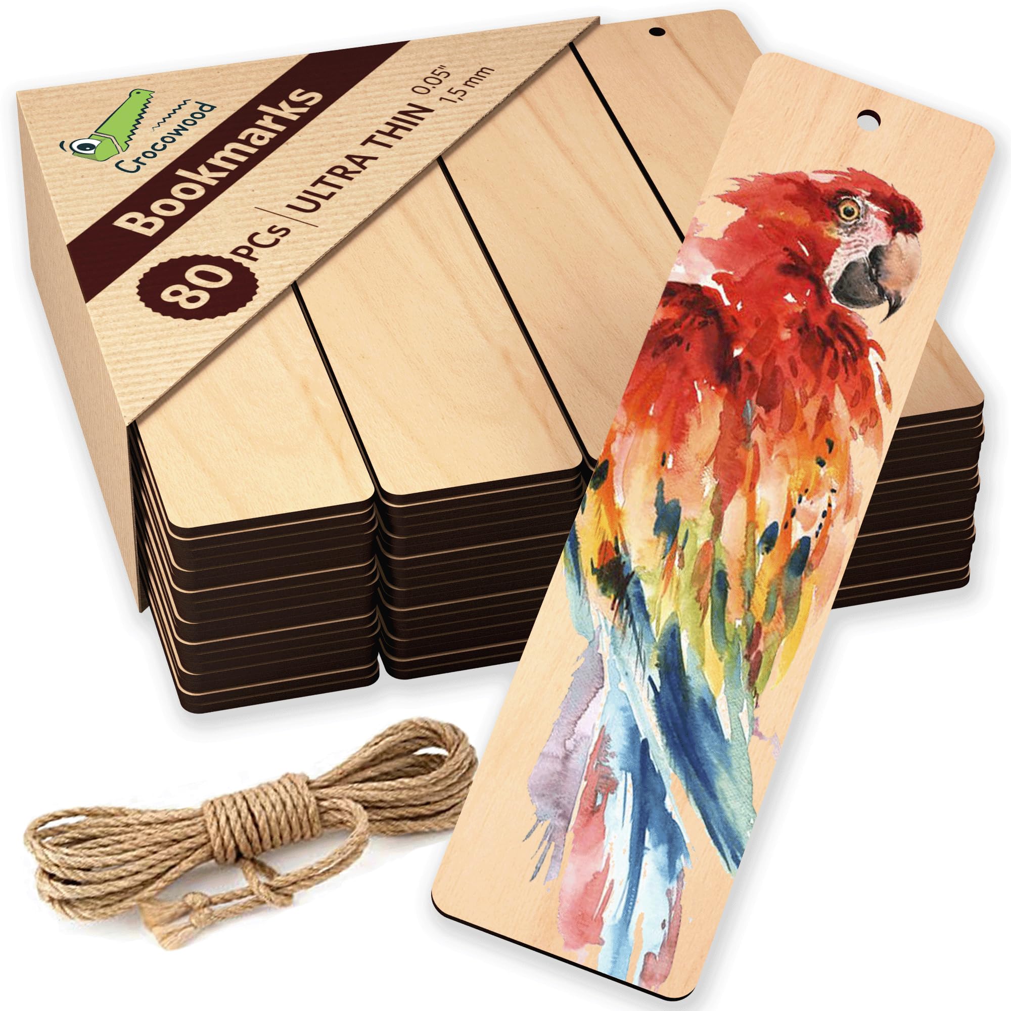 Crocowood 80 PCs Extra Thin 1,5 mm Blank Wooden Bookmark for Reading & Crafting - Wood Bookmarks as Unfinished Wood Hanging Tags with Jute Twine