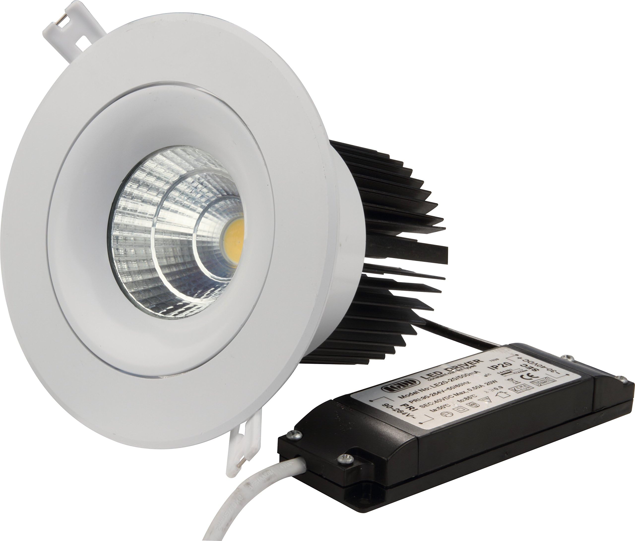 Quality COB LED Downlight Ceiling Light, Warm White (2700 K), Beam Angle: 60, Colour: White, 1000lm Lumen, Incl. Converter, Input Voltage: 220 – 240 V (AC); Dimmable; CE; RoHS, 2 Year Warranty [Energy Class A+]