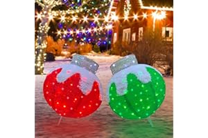 MEETJOYANCY Outdoor Christmas Balls Lighted, 2pcs Pop-Up Christmas Ornaments Outdoor Decorations Prelit 160 Lights with 8 Flashing Effects, Collapsible Light Up Hanging Lantern Ball for Home Yard Decor-Red/Green