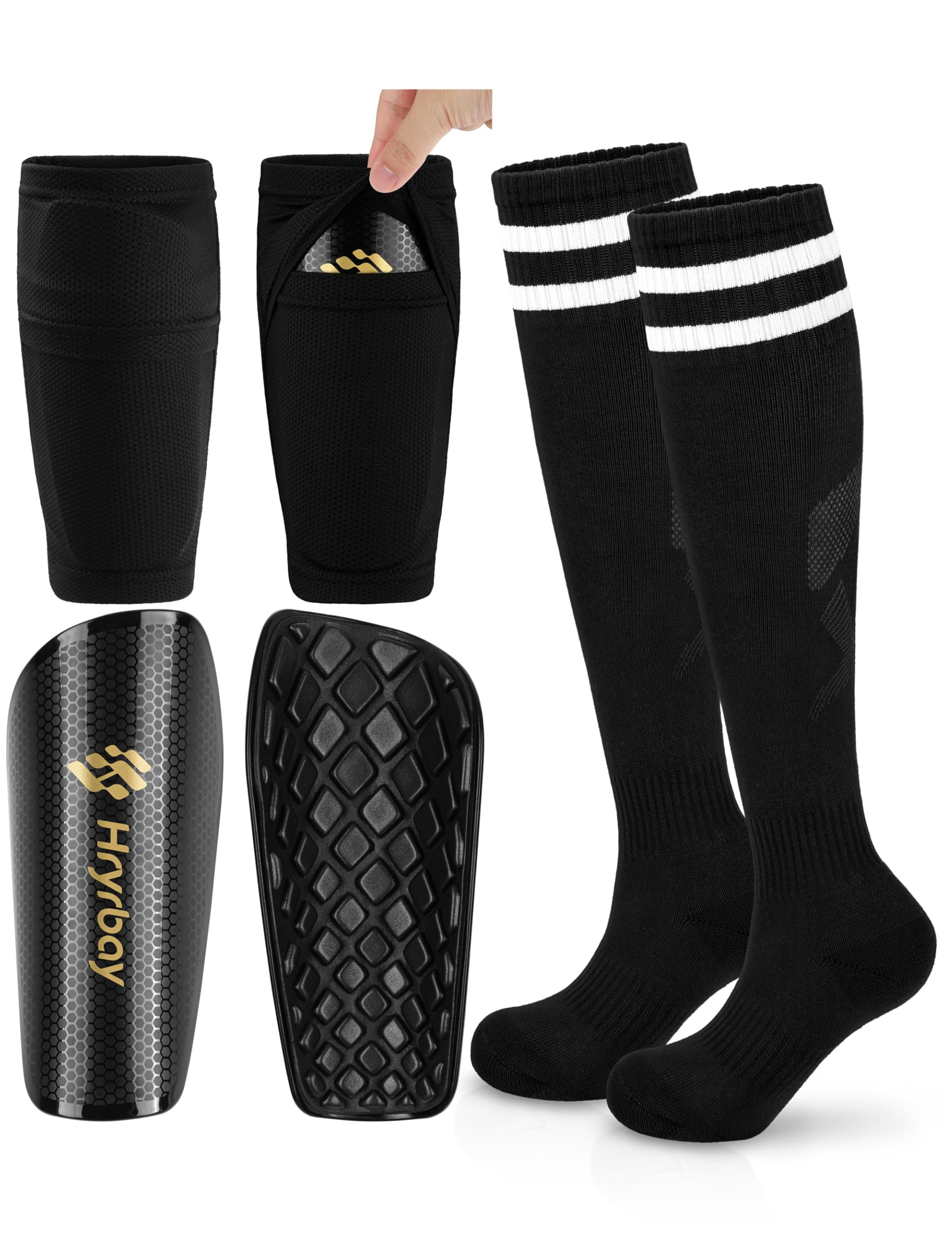 Photo 1 of Hryrbay Kids Soccer Shin Guards, Youth Toddler Shin Pads with Sleeves and Socks for Age 3-16 Boys Girls Protective Lightweight Soccer Equipment Black Medium