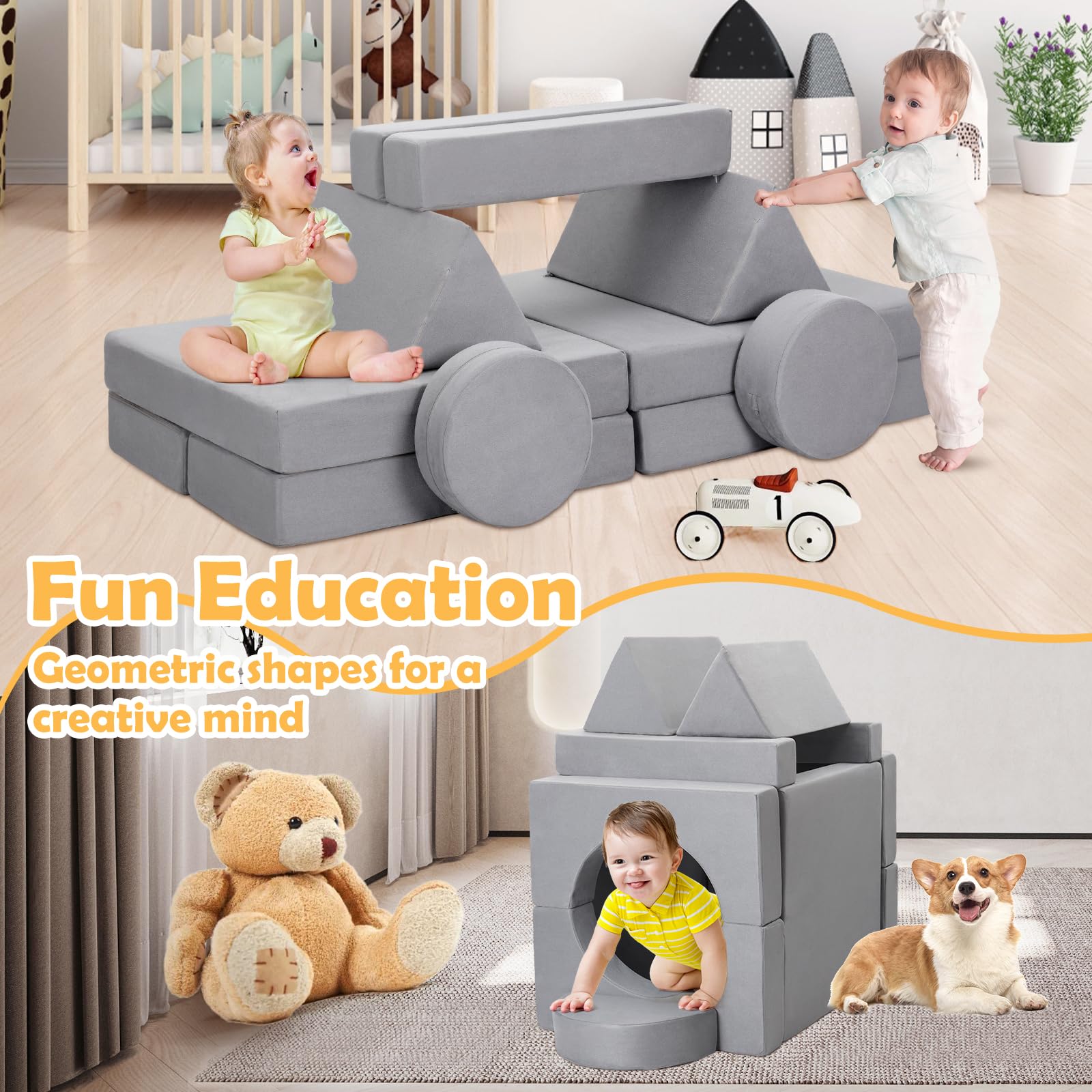 JungleDove 16Pcs Soft Play Blocks for Toddlers & Kids, Foam Climbing & Crawling Toys for Boys & Girls Aged 3+, Corner Climber Nugget Play Couch, Grey