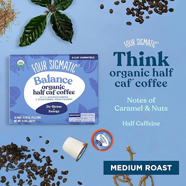 FOUR SIGMATIC ADAPTOGEN COFFEE K-CUPS | ORGANIC MEDIUM ROAST GROUND COFFEE WITH ASHWAGANDHA, ELEUTHERO, CHAGA & TULSI | IMMUNE SUPPORT & STRESS RELIEF | KETO | 24 COUNT