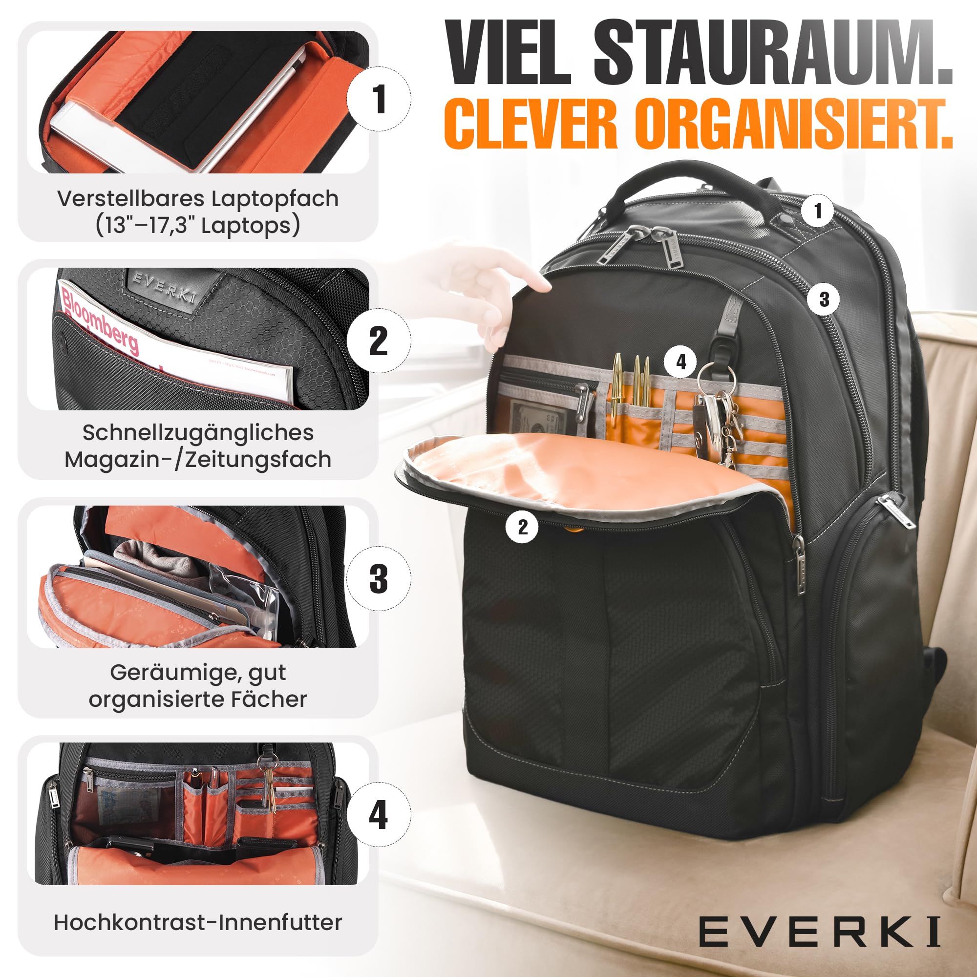 Everki Atlas Business-Laptoprucksack 32 L für 13–17,3 Zoll – ergonomischer, reisefreundlicher Notebook-Rucksack mit anpassbarem Laptopfach – schwarz 4
