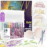 Mandala Adult Coloring Book for Women Relaxation, Gold Foil Mandala Coloring Book Set with 24 Colors Retractable Glitter Gel Pens, 12Pcs Premium Single-Sided Paper Mindfulness Gift Include Gift Bag