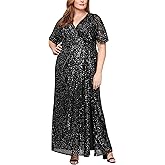 S.L. Fashions Women's Long Surplice Neckline Mother of The Bride Dress with Elbow Flutter Sleeves, Wedding Guest (Plus Size)