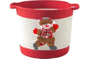 USHANG PET Christmas Gift Baskets Empty, Christmas Decoration Storage Basket with Handle, Baby Gift Basket for Toys, Towels, Diapers, Woven Cotton Rope Basket With Christmas Snowman, Red