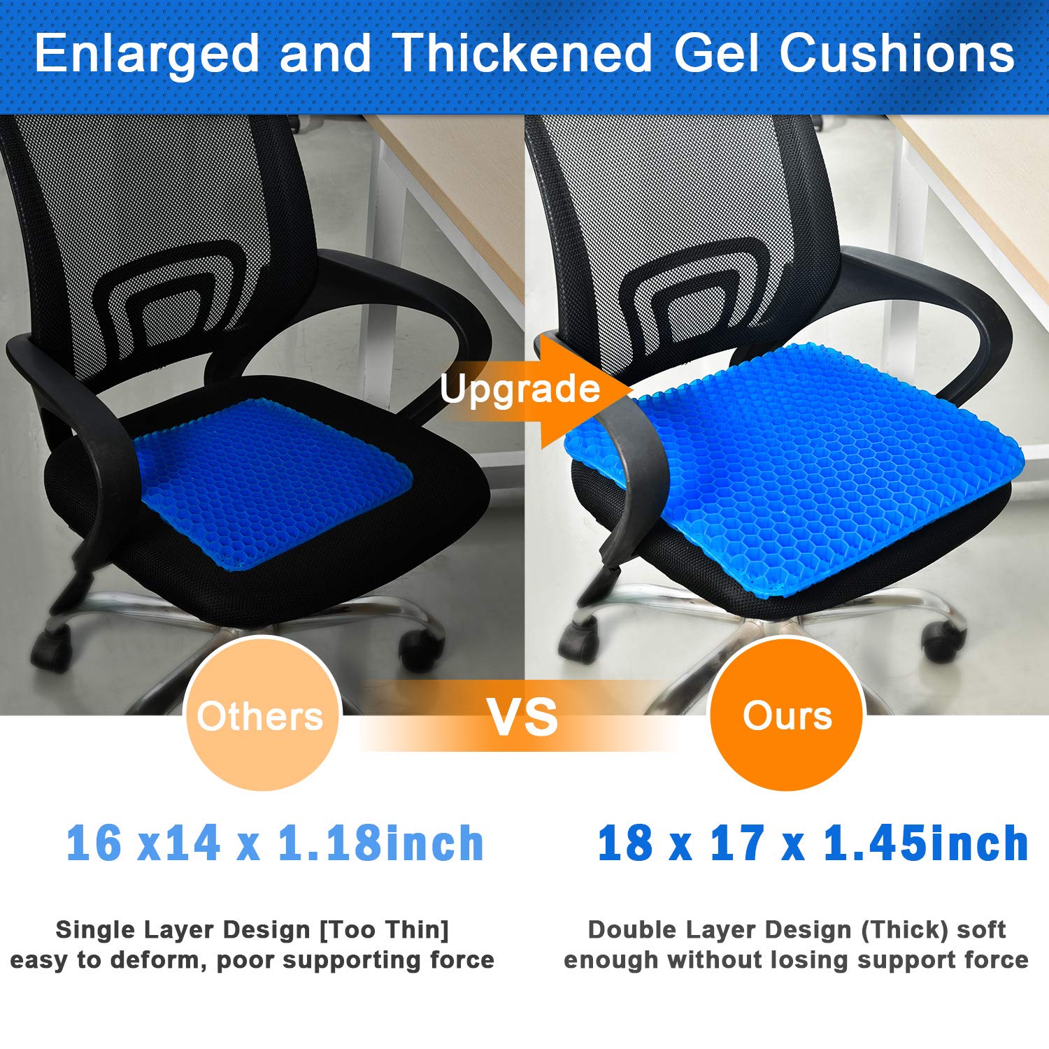 Gel Seat Cushion, Cooling seat Cushion Thick Big Breathable Honeycomb Design Absorbs Pressure Points Seat Cushion with Non-Slip Cover Gel Cushion for Office Chair Home Car seat Cushion for Back Pain