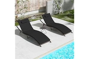 Kullavik Lounge Chair for Outside,3 Pieces Chaise Lounge Outdoor Folding Pool Lounge Chairs Including Table Rattan Patio Furniture Set,Black