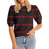 Saodimallsu Womens Heart Striped Sweaters Valentines Puff Short Sleeve Sweaters Cute Lightweight Knit Crewneck Tops